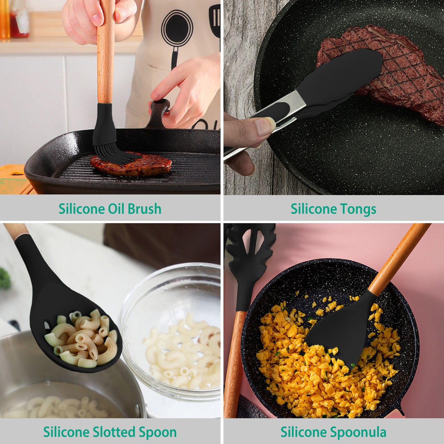 Set of silicone kitchen utensils including oil brush, tongs, slotted spoon, and spoonula with usage examples.