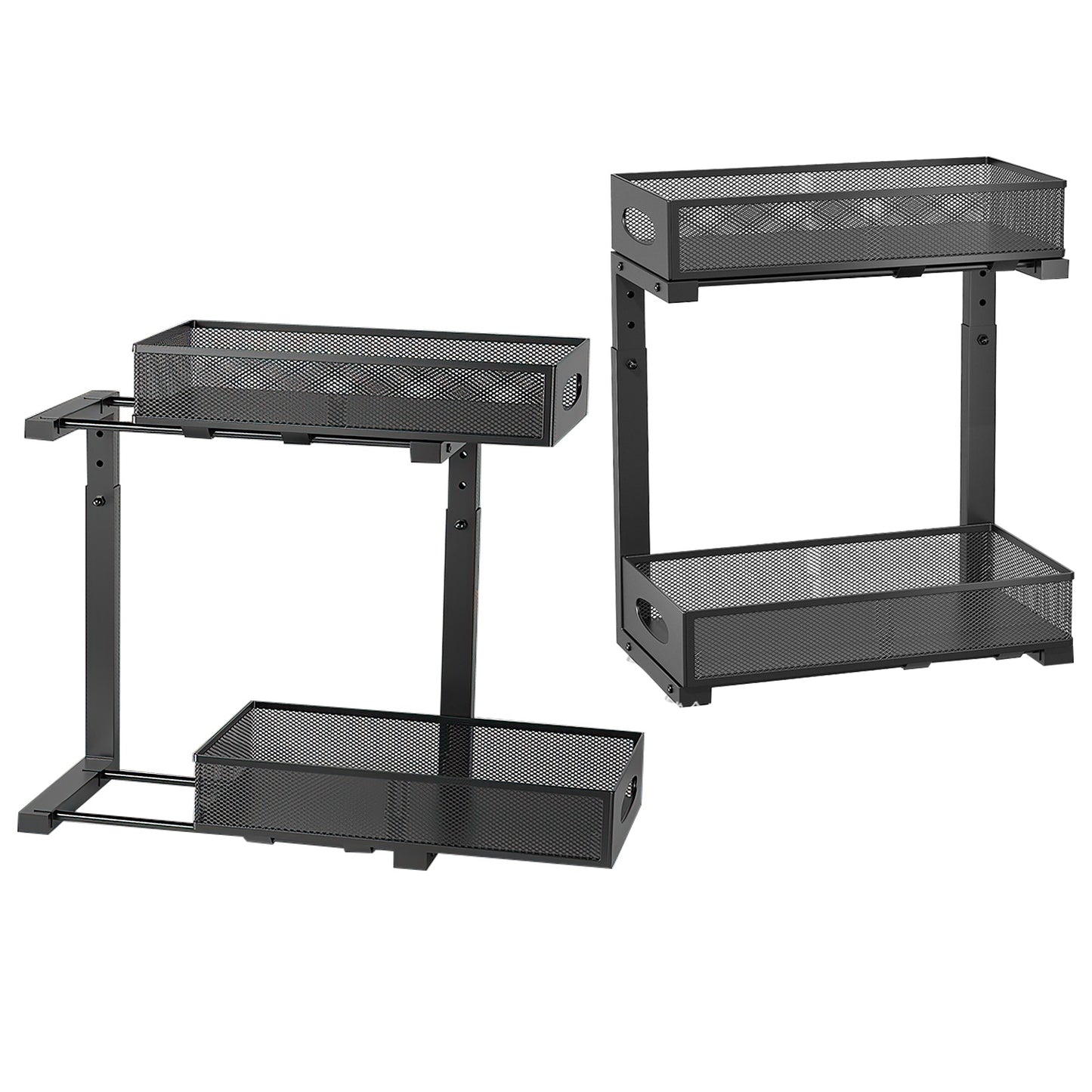 Set of three black metal mesh storage baskets on a white background