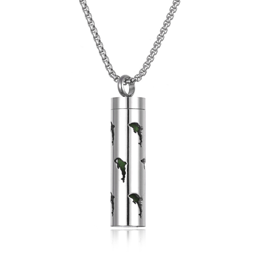 Silver cylindrical pendant with camouflage design on a white background
