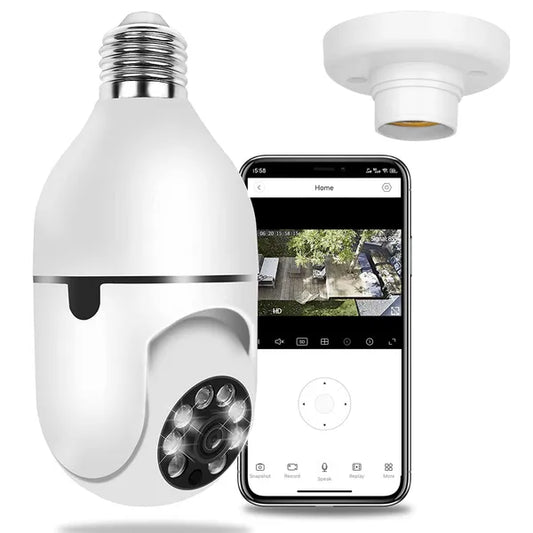Smart light bulb security camera with smartphone app interface on a white background