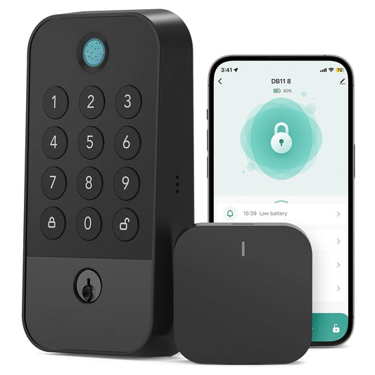 Smart lock with keypad, separate lock body, and smartphone displaying lock app on a white background