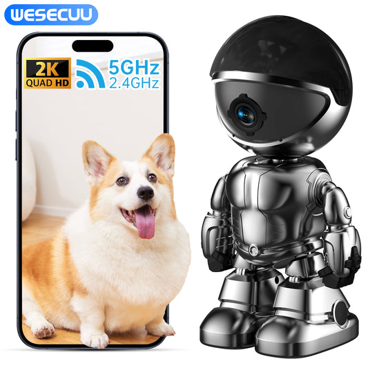 Smartphone displaying a dog image next to a robot with camera on a white background