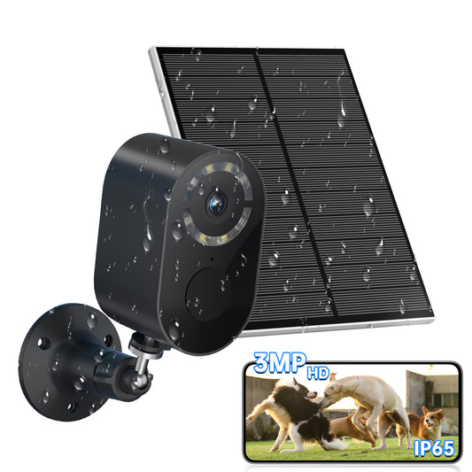 Solar-powered security camera with a solar panel and video feed inset on a white background