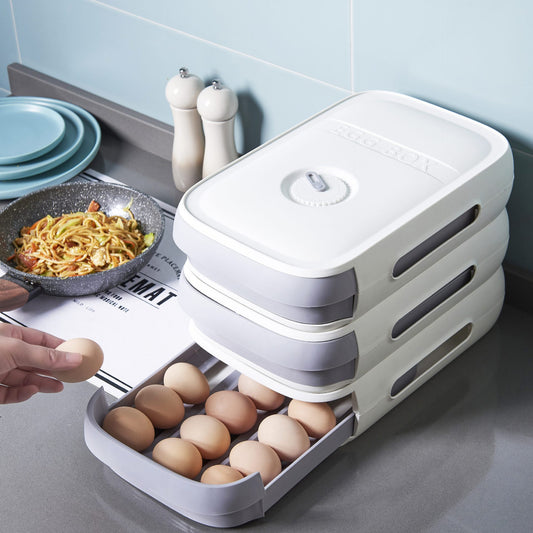 Stackable egg holder with eggs on a kitchen counter