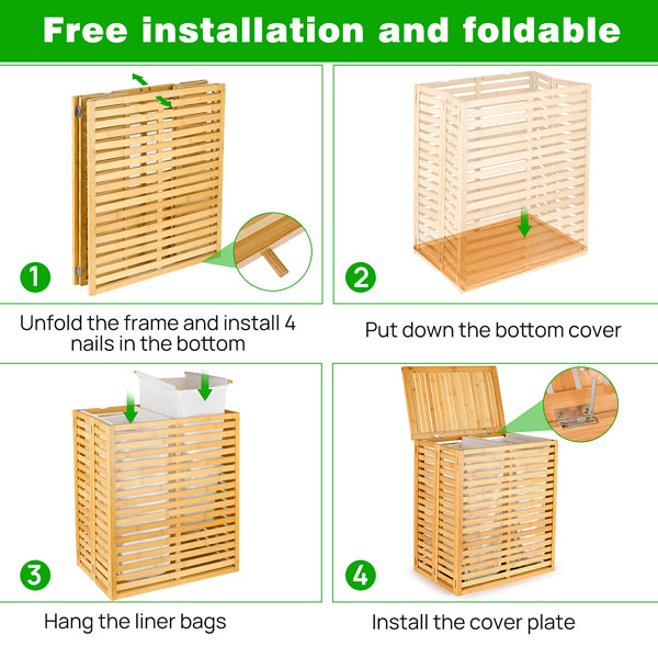 Step-by-step guide on how to assemble a wooden laundry basket with text indicating free installation and foldability.