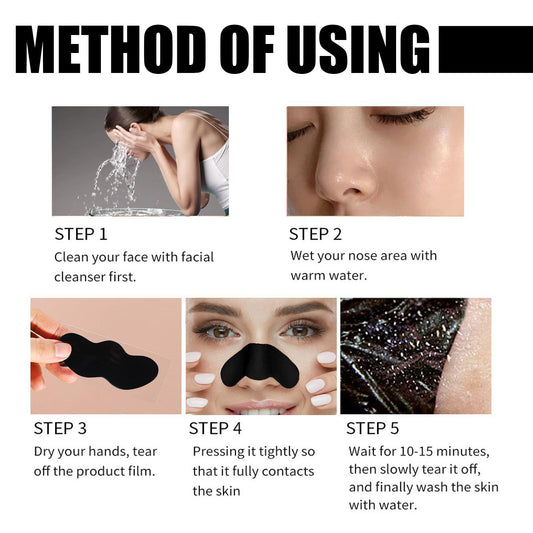 Step-by-step guide on using a blackhead removal product with images and text.