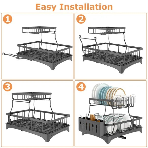 Step-by-step installation guide for a two-tier dish rack.