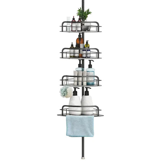 Tall metal corner shelf with multiple tiers, holding various bathroom items on a white background.