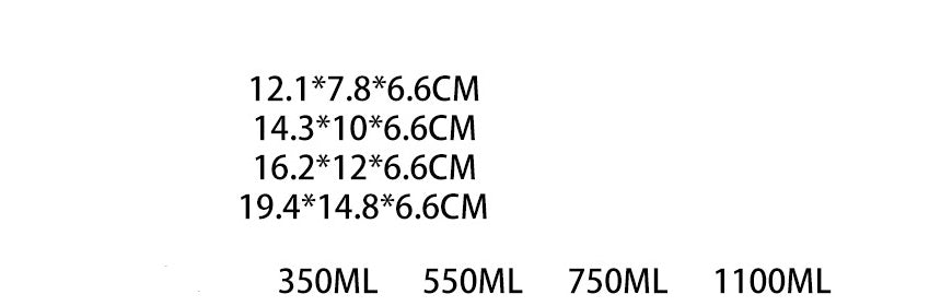 Text displaying dimensions and volume capacities of containers on a white background
