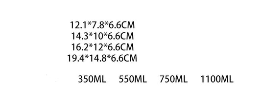 Text displaying dimensions and volume capacities of containers on a white background