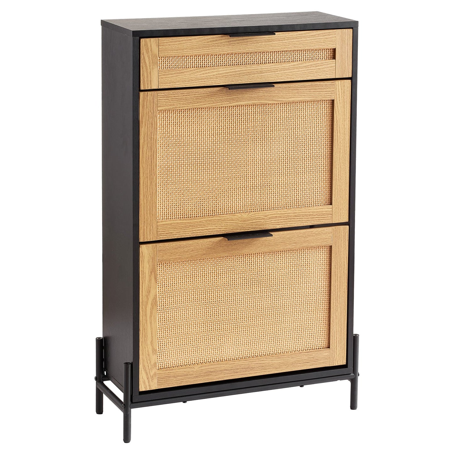 Three-drawer cabinet with wicker-style doors and black frame on a white background