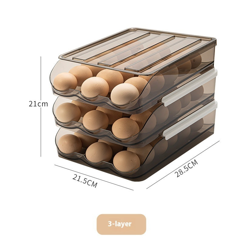 Three-layer egg storage container with dimensions on a white background