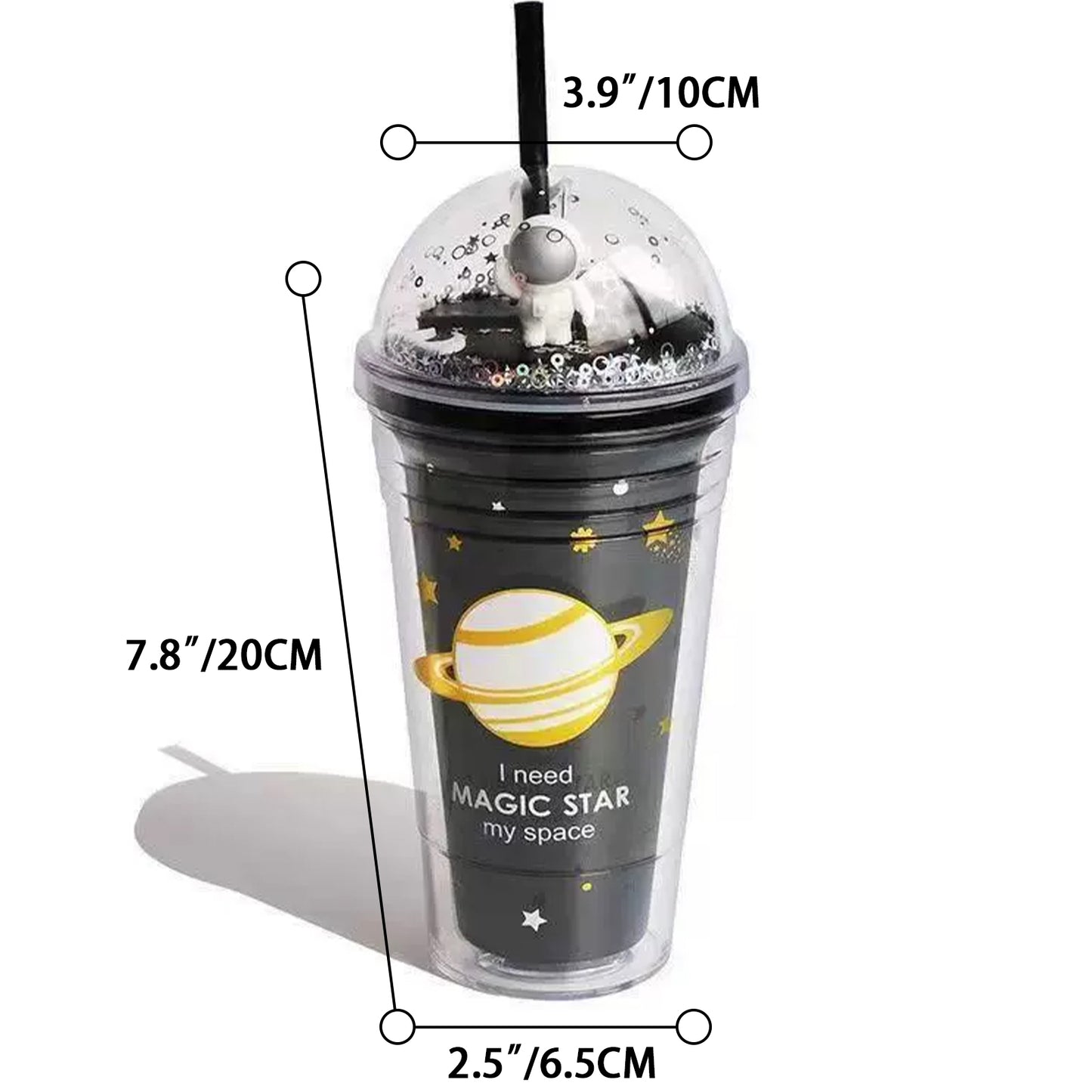 Transparent tumbler with space-themed design and measurements on a white background
