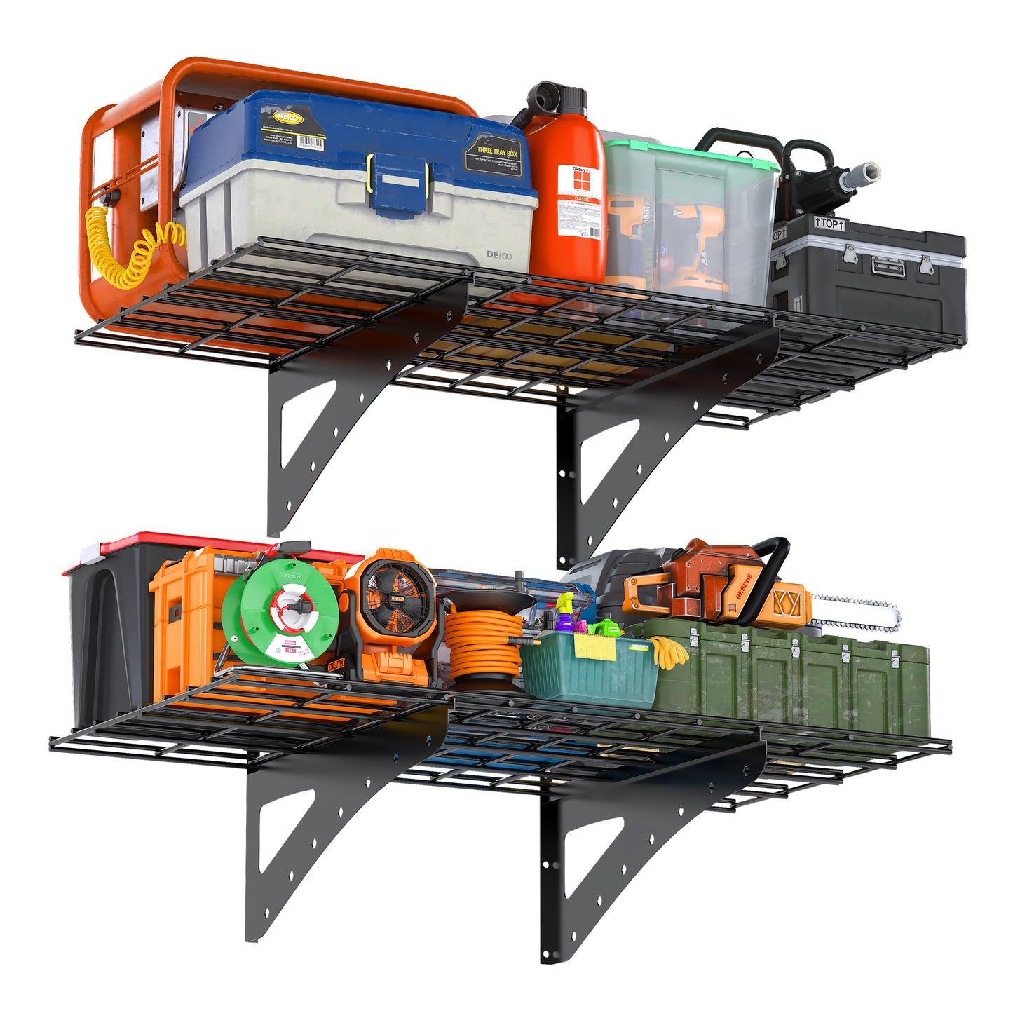 Two car roof racks with various tools and equipment on a white background