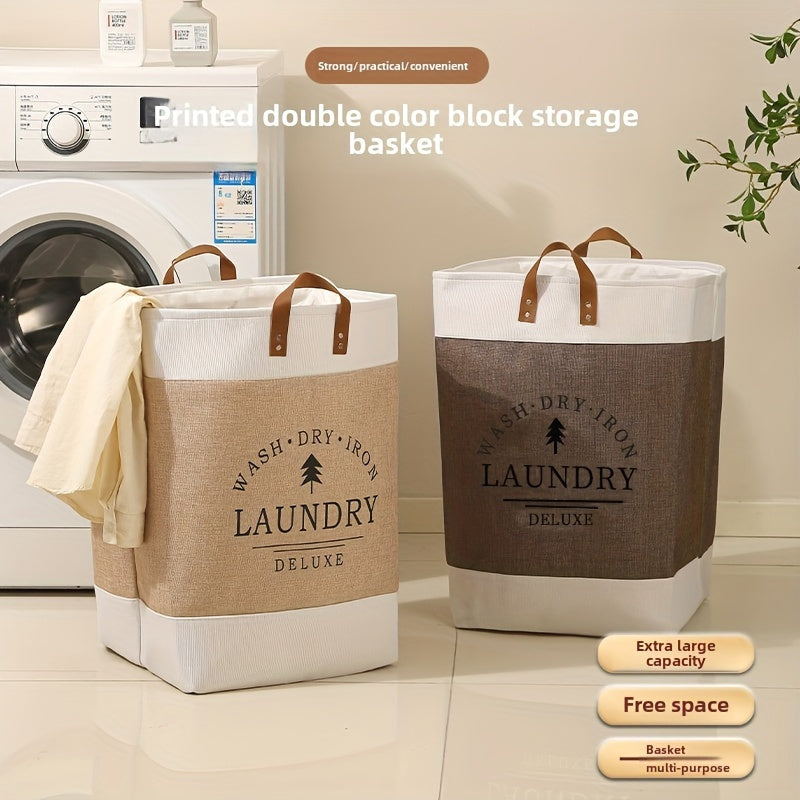 Two laundry baskets with 'Wash Dry Iron Laundry Deluxe' text in a laundry room setting.