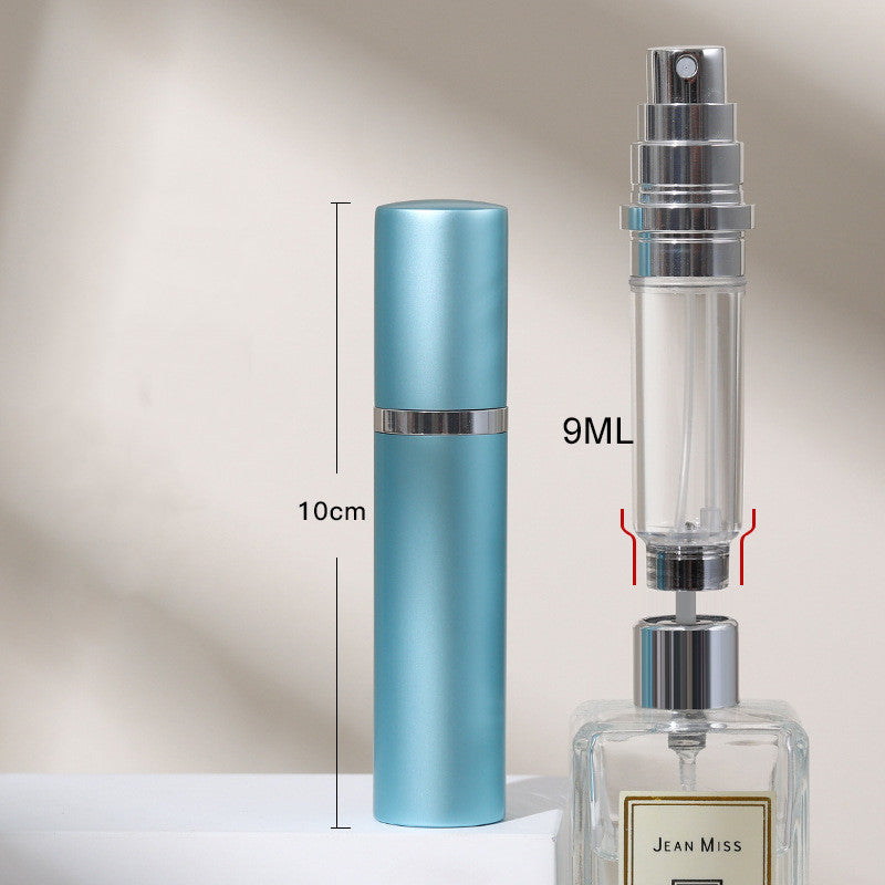 Two perfume bottles with measurements and a brand name on a neutral background