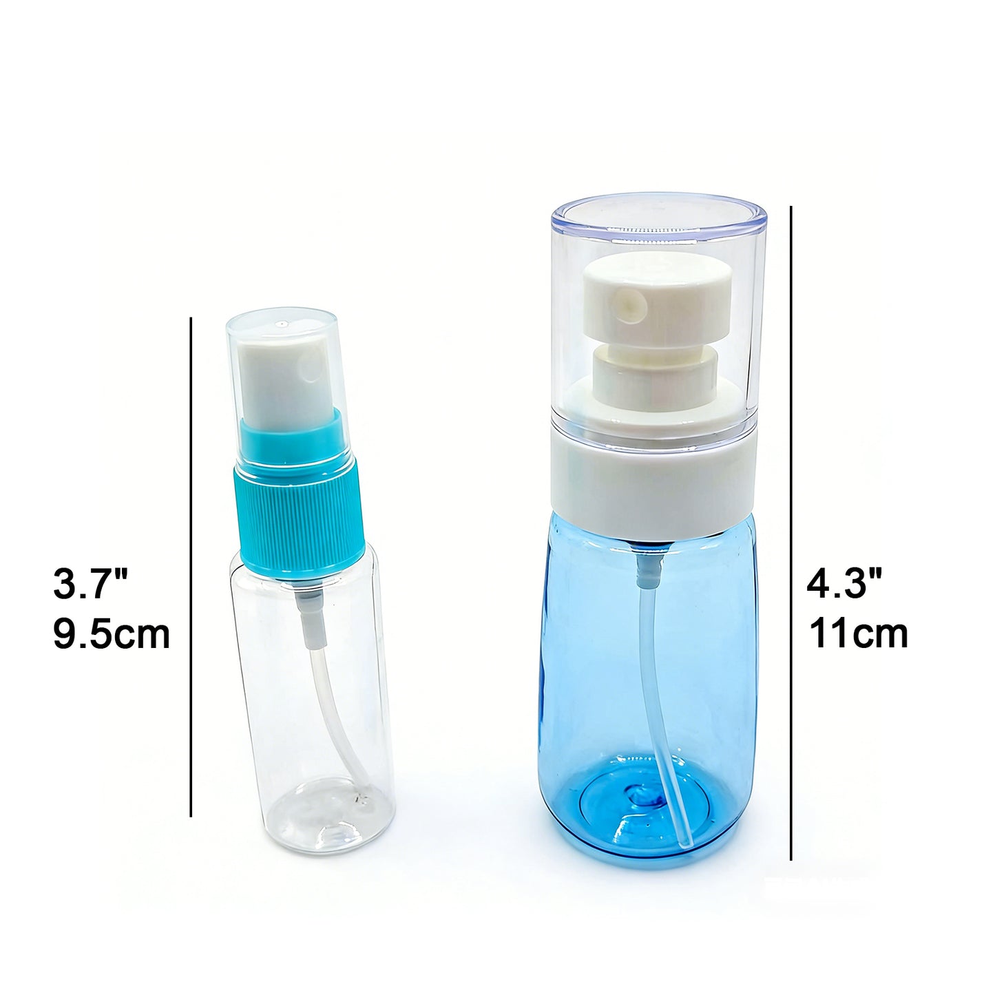 Two spray bottles with measurements on a white background