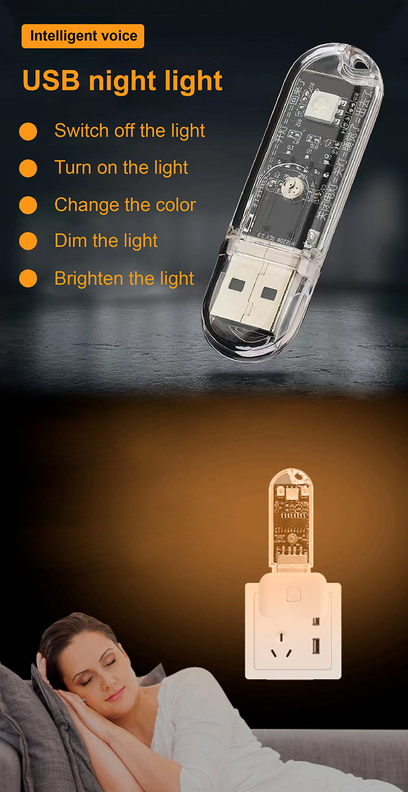 USB night light with switch on a dark background, showing its features and usage.