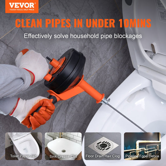 Vevor pipe cleaner tool being used to clear a drain with text highlighting its efficiency.