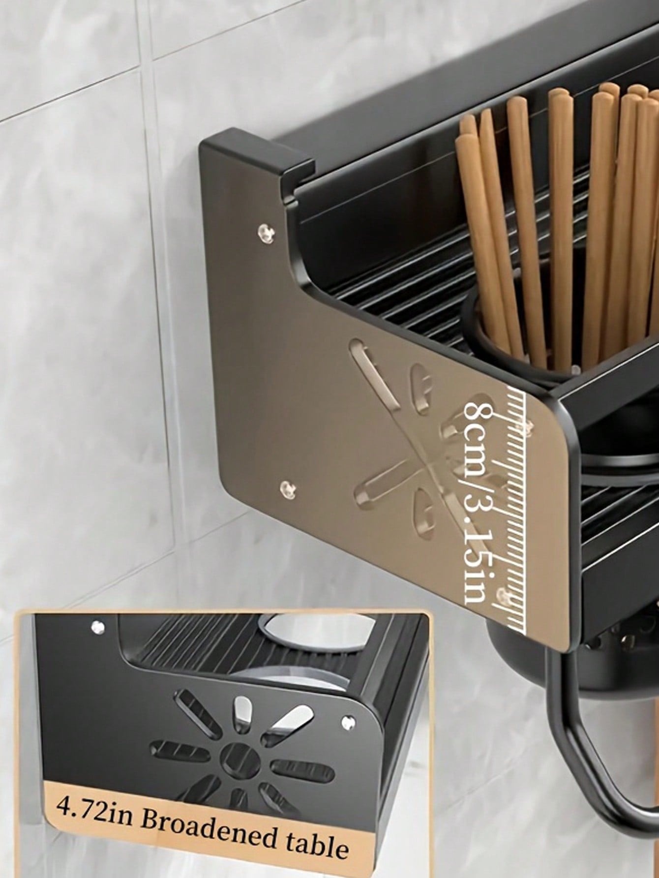 Wall-mounted kitchen organizer with wooden utensils and measurement details on a tiled wall.