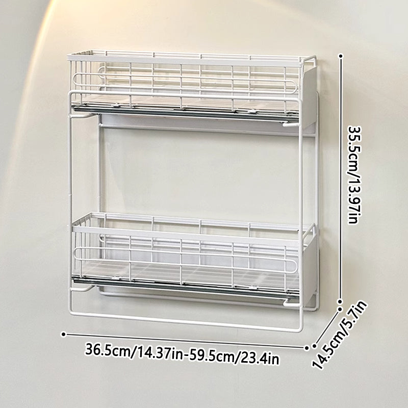 Wall-mounted metal rack with dimensions indicated on a light gray background