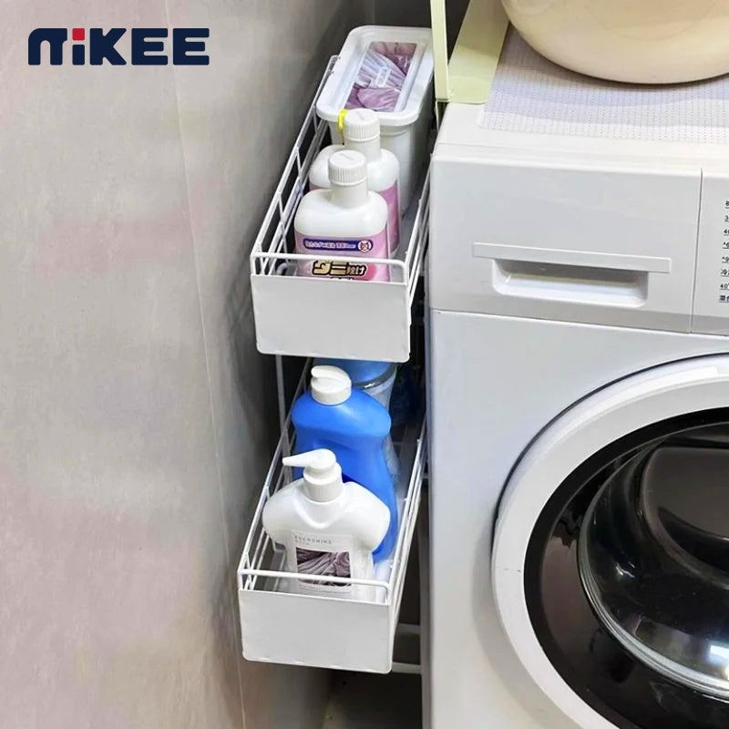 Washing machine with a white storage rack holding cleaning supplies, featuring the brand 'nikee'.