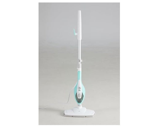 White and green steam cleaner on a gray background