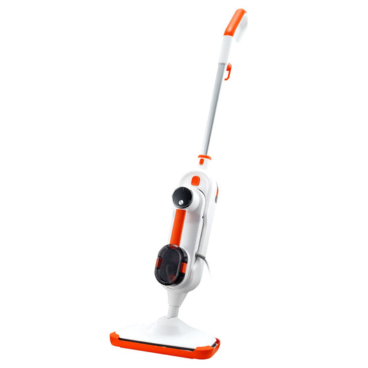 White and orange steam mop on a white background