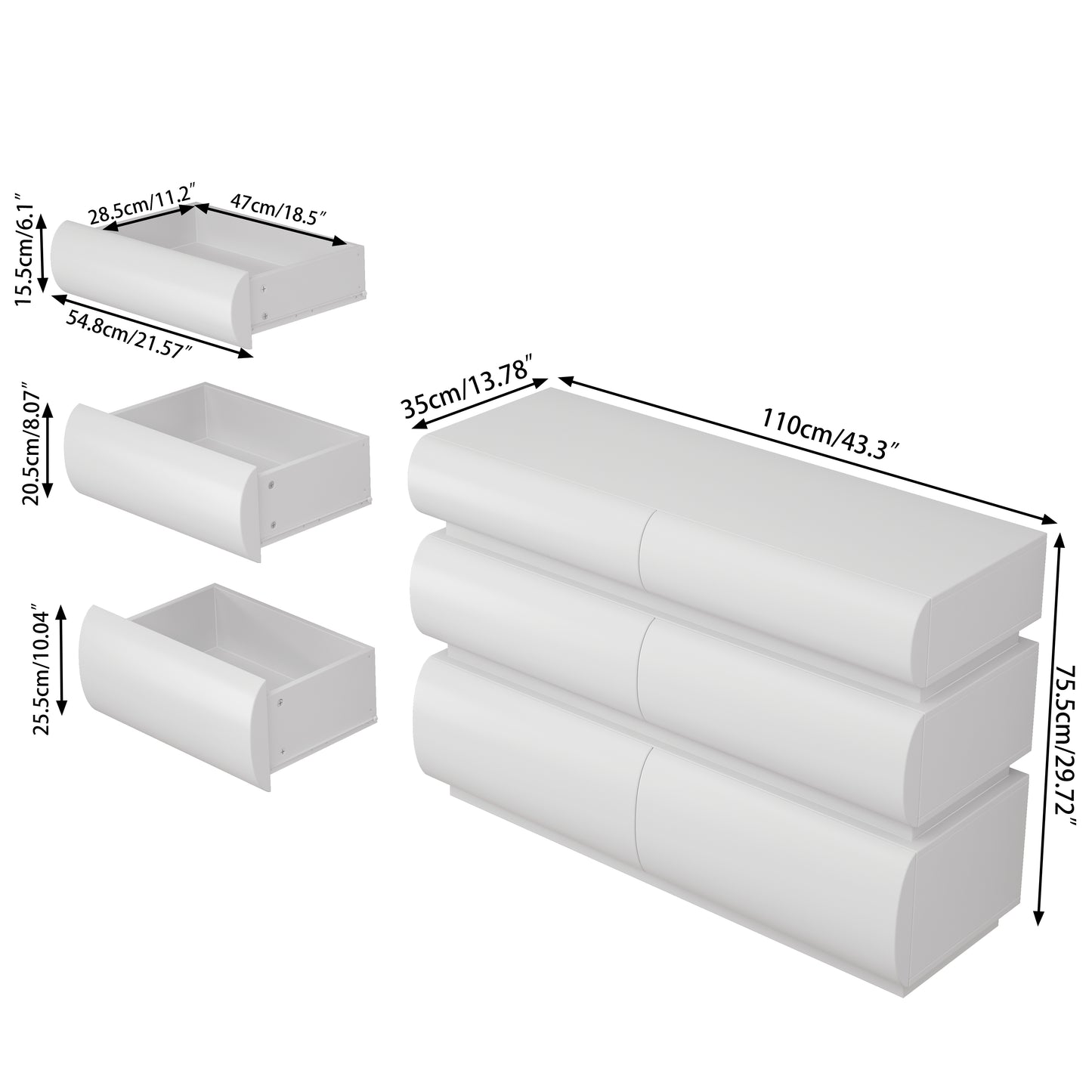 White bed with dimensions labeled on a white background