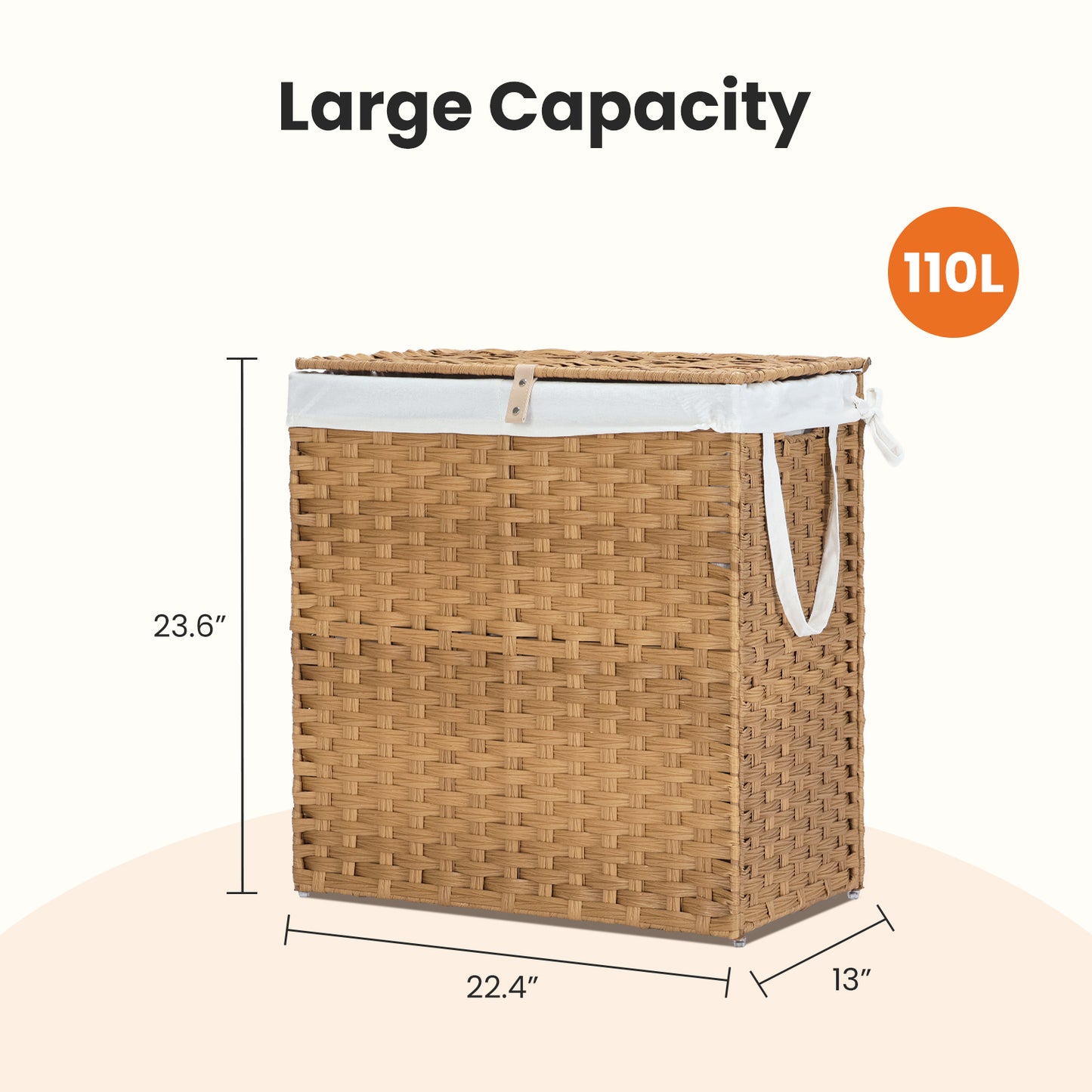 Wicker laundry basket with dimensions and capacity label on a white background