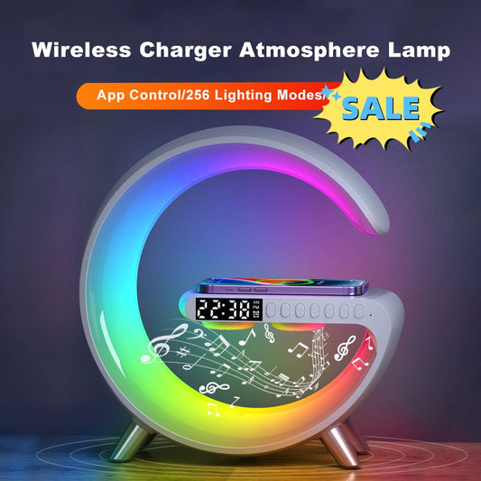 Wireless charger atmosphere lamp with colorful LED display on a dark background