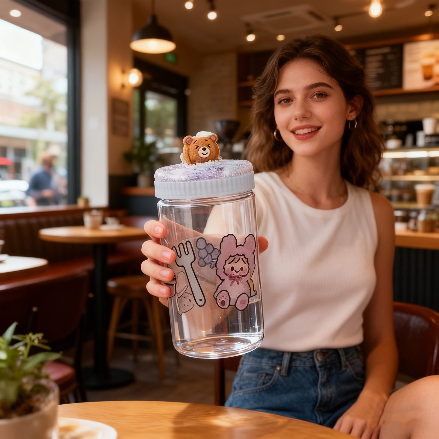 Woman holding a clear water bottle with cartoon designs in a cafe