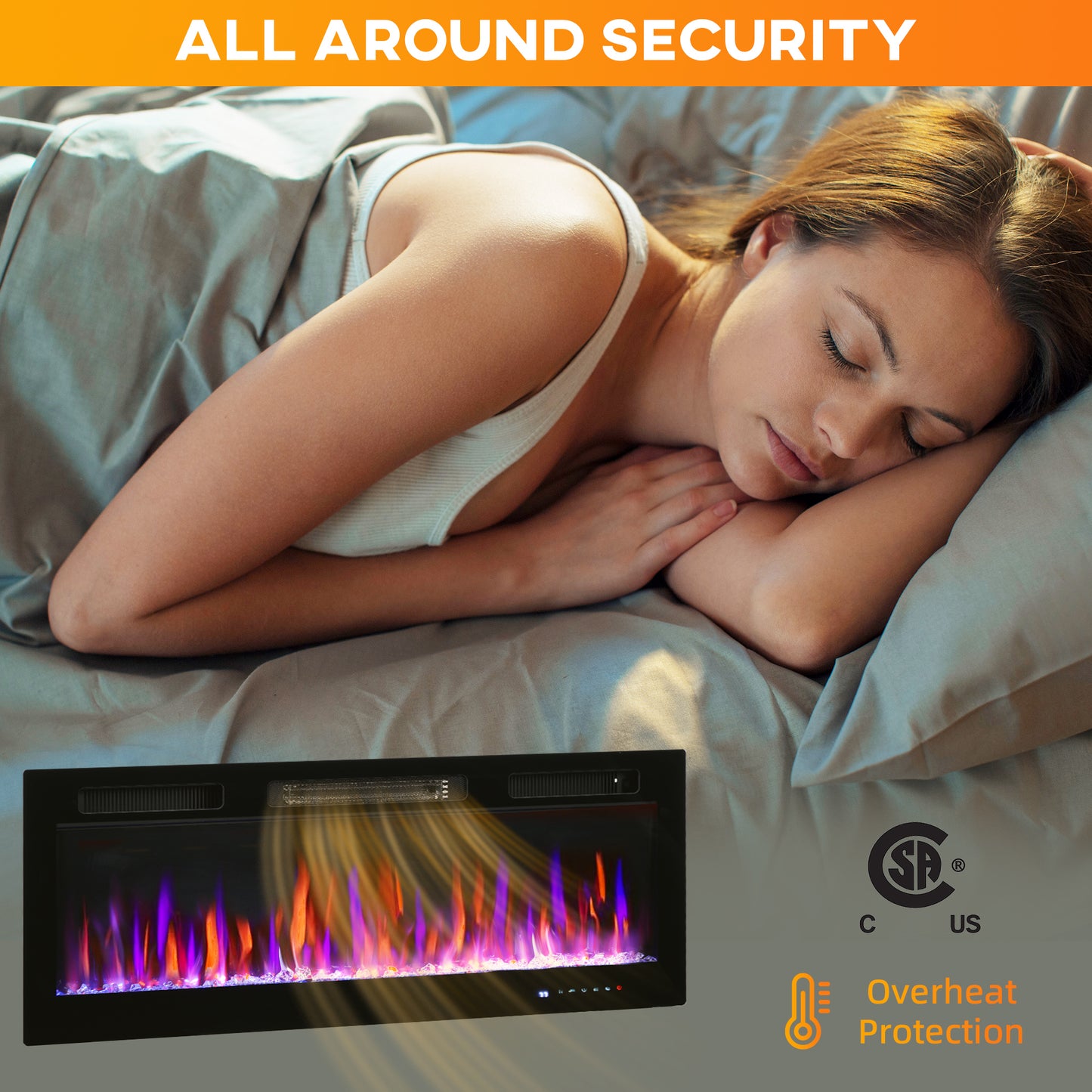 Woman sleeping on a bed with a wall-mounted fireplace and 'All Around Security' text above.