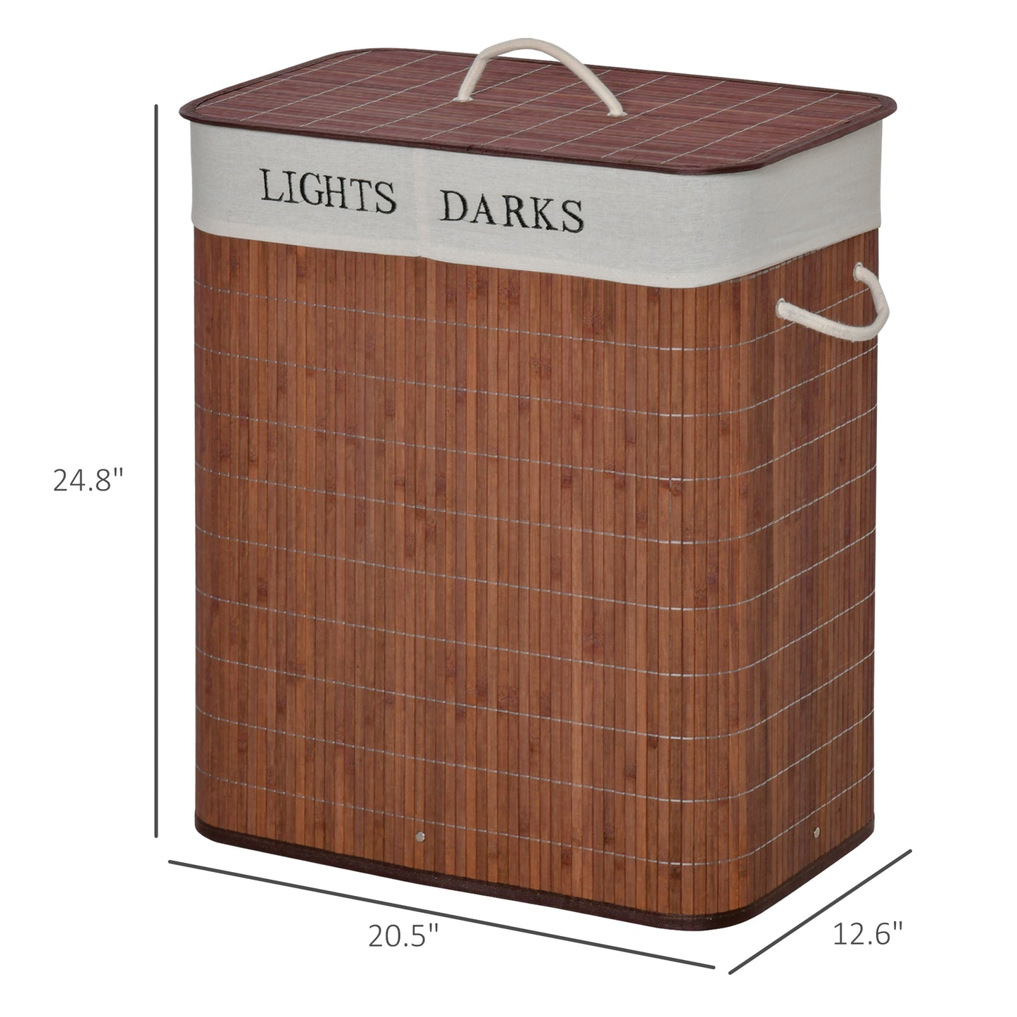 Wooden laundry basket with 'Lights Darks' label and dimensions on a white background