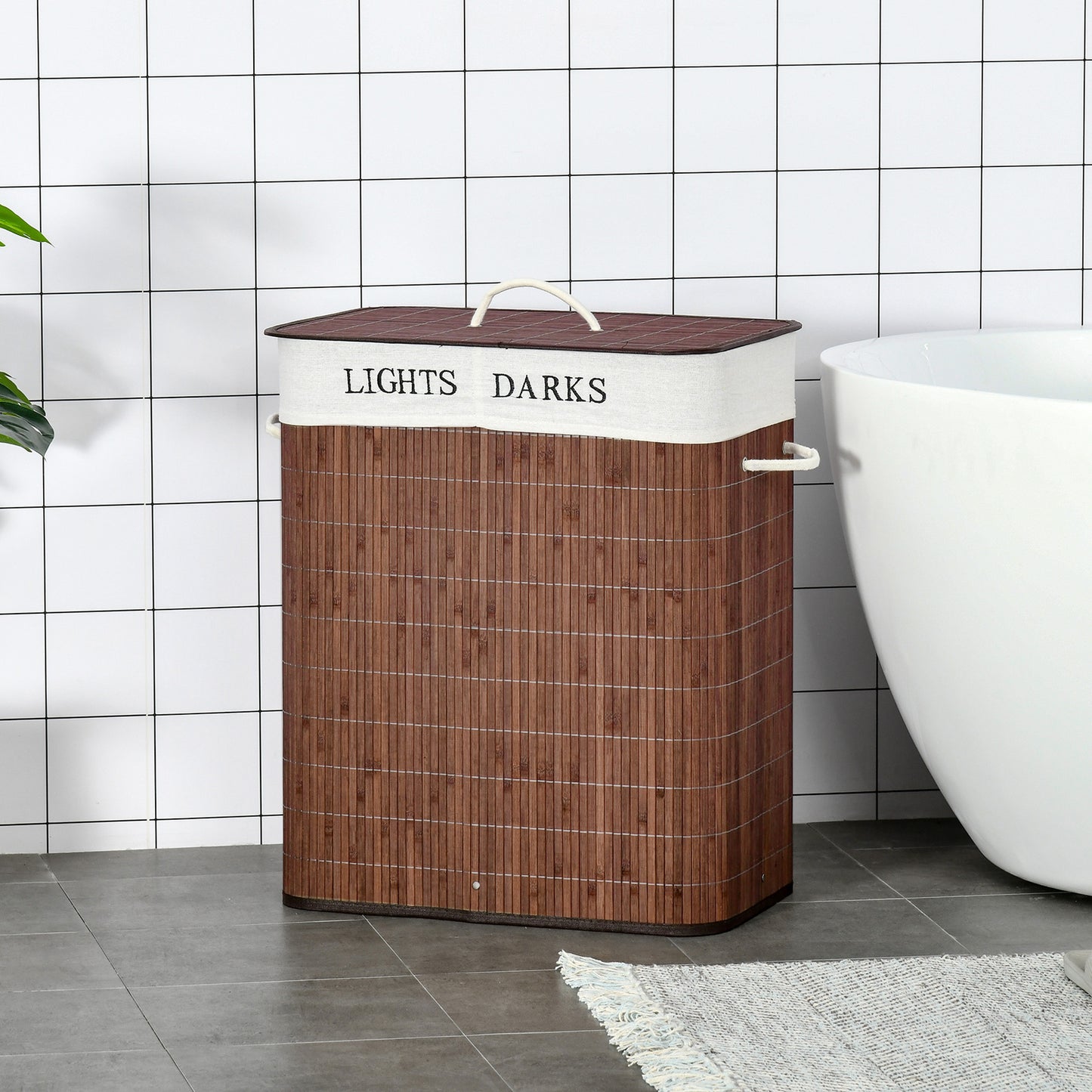Wooden laundry basket with 'Lights Darks' label in a bathroom setting