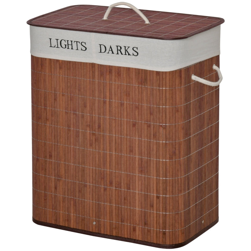 Wooden laundry basket with 'Lights' and 'Darks' labels on a white background