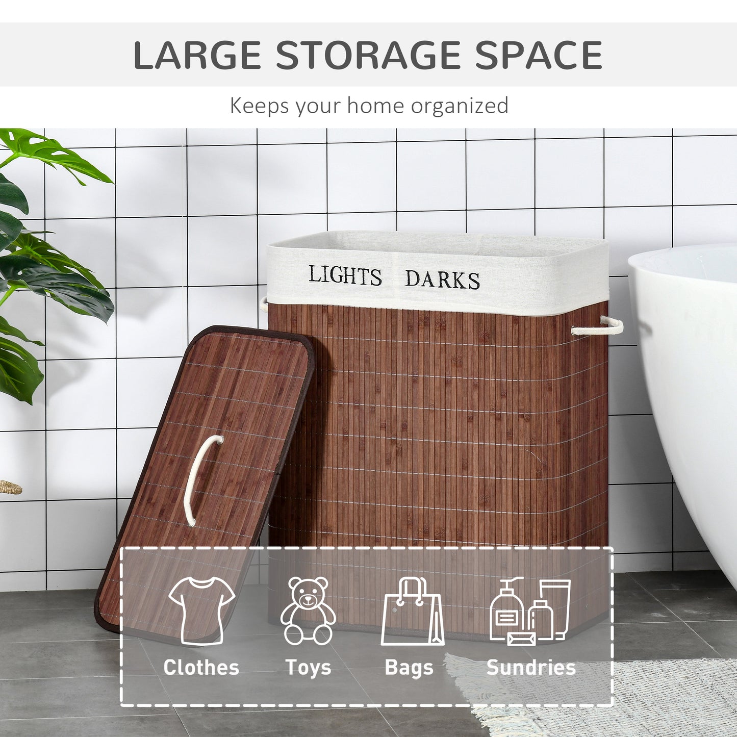 Wooden laundry basket with labeled compartments on a bathroom floor.