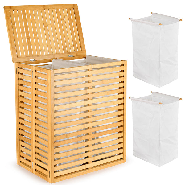 Wooden laundry basket with two white hamper bags on a white background