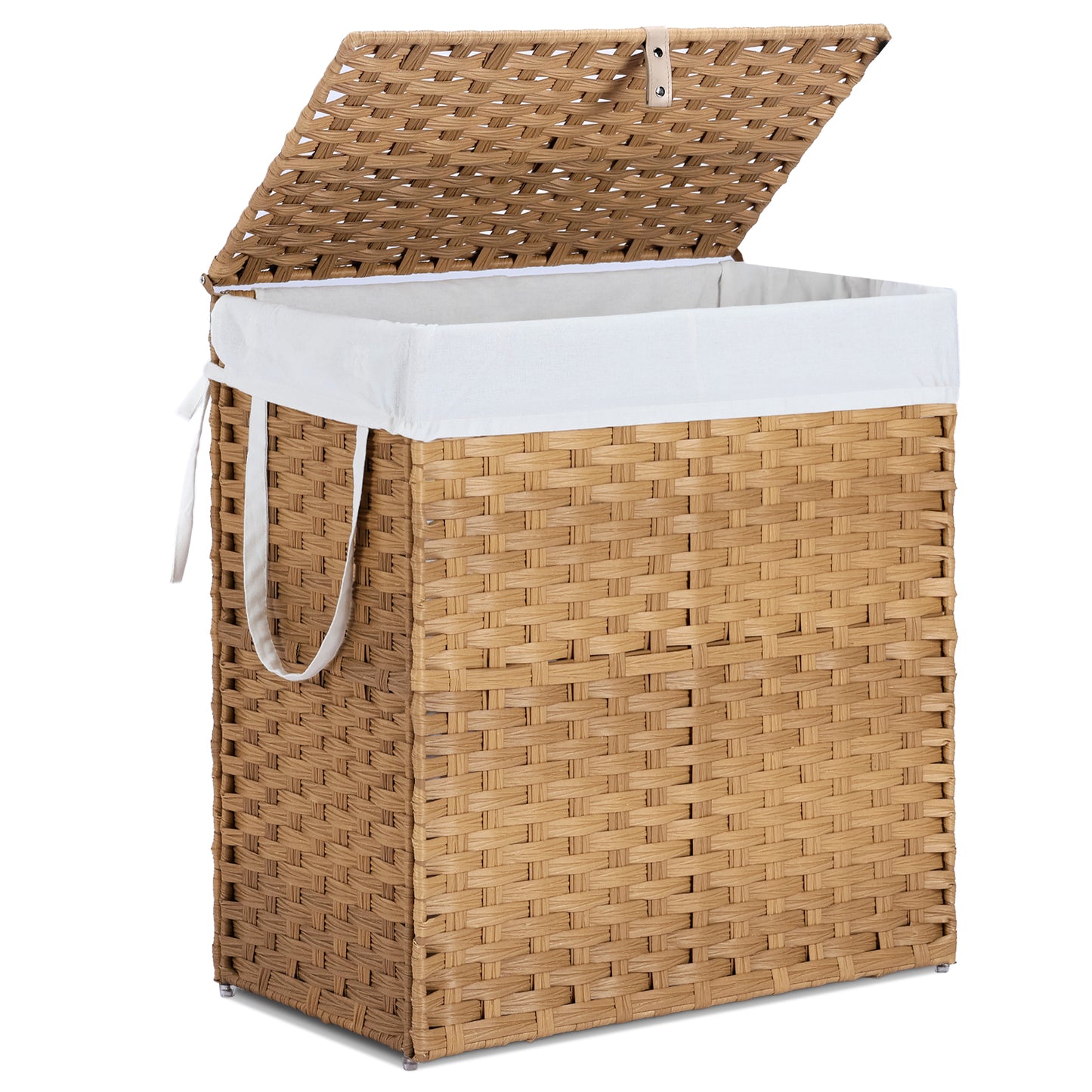 Woven laundry basket with a white liner on a white background