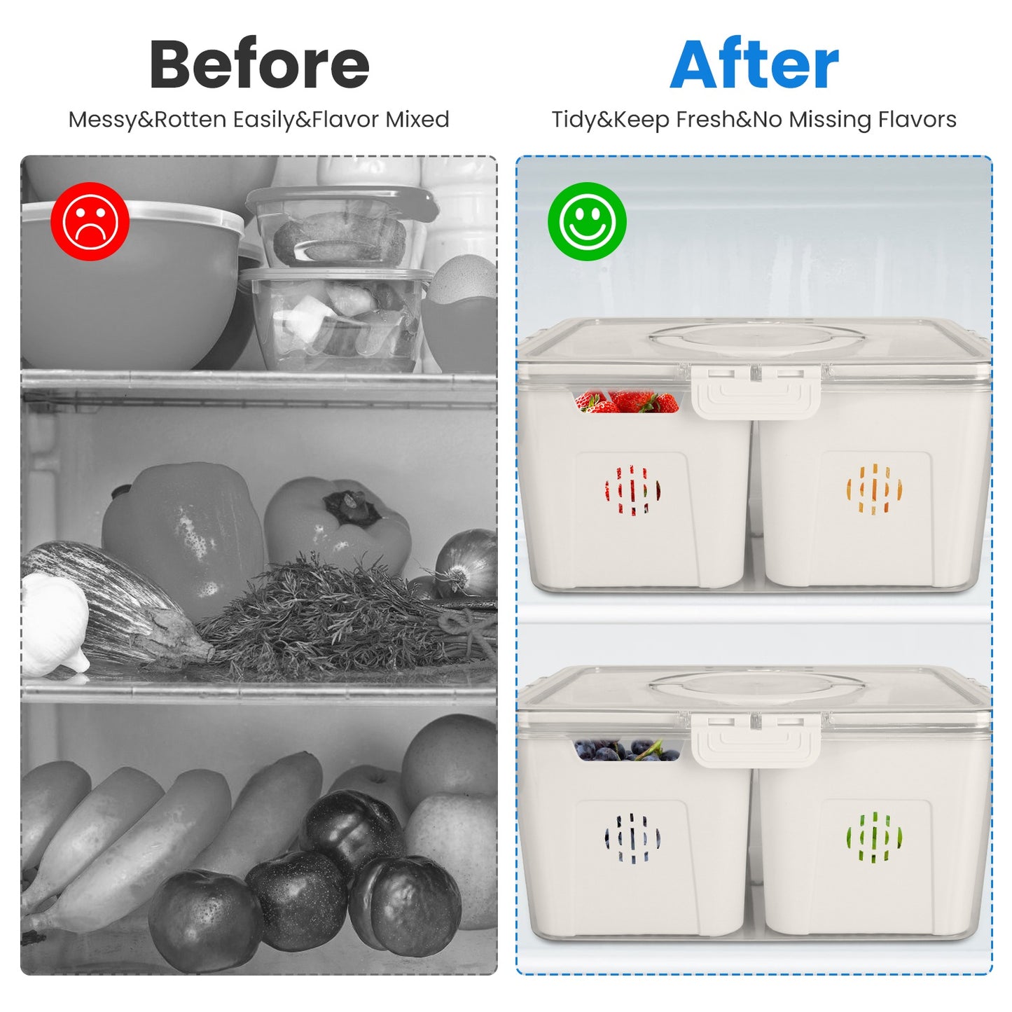 2-Pack Airtight Fruit & Vegetable Storage Containers — 4-Compartment Organizer with Removable Colanders