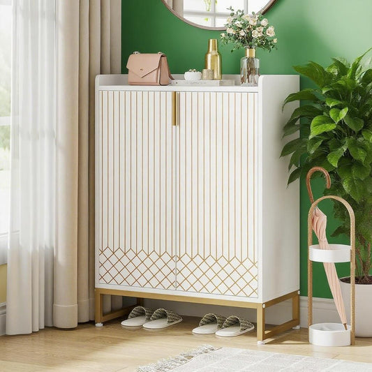 Modern 5-Tier Shoe Cabinet Organizer — Slim Entryway Storage Rack (White & Gold)