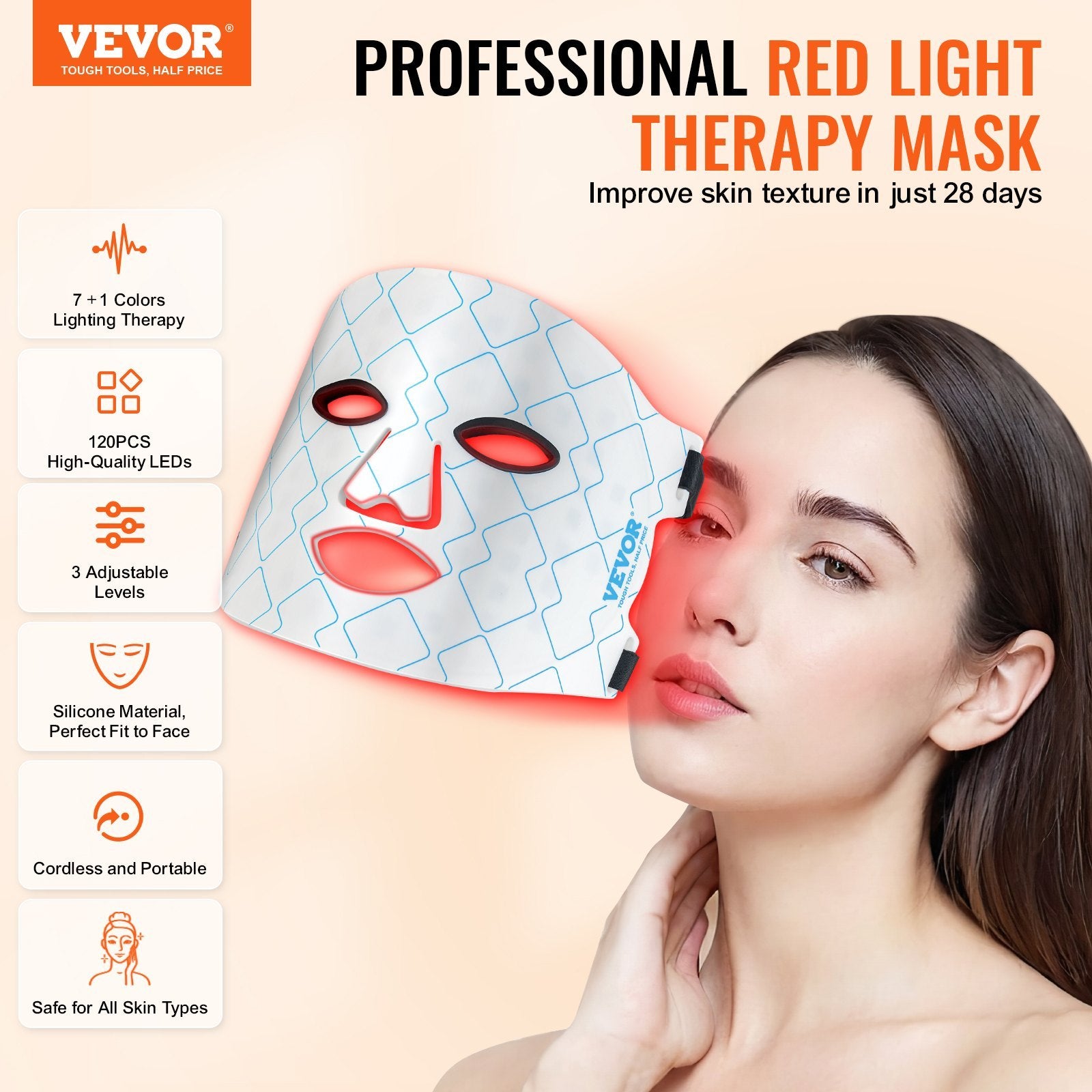VEVOR Red Light Therapy Mask – 7-Color LED Face Mask with 850nm NIR