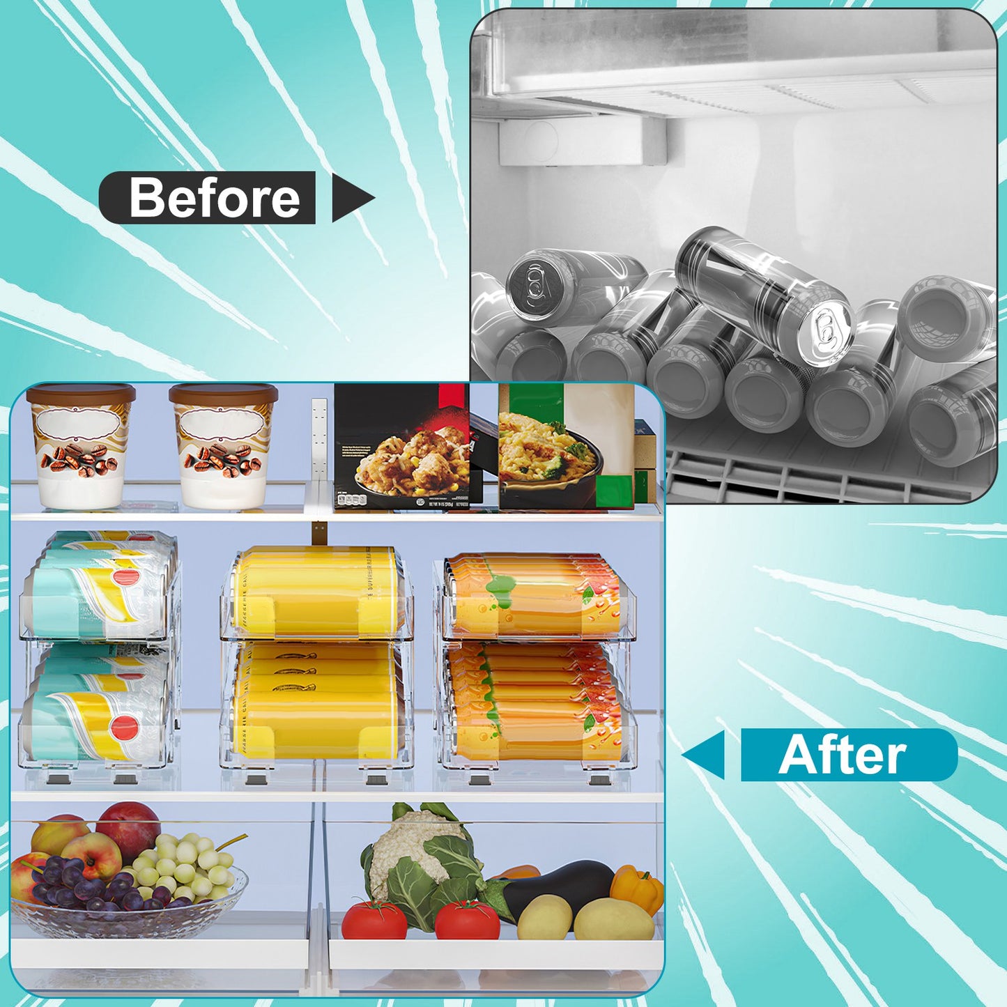2-Pack Adjustable Soda Can Organizer – Auto Rolling Fridge Rack