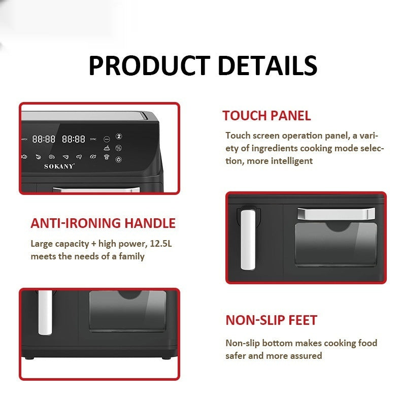 SOKANY10060 12L Dual-Pot Smart Air Fryer – 2400W Alloy Body with Visualization Window