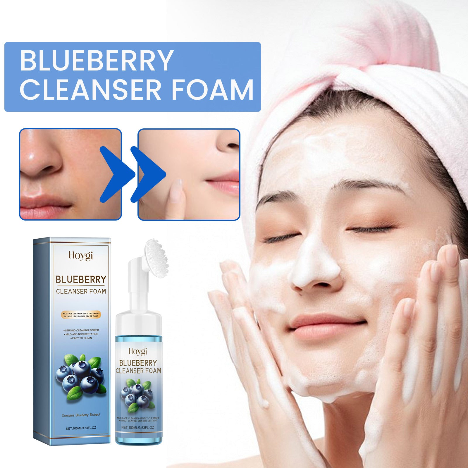 Horygi Blueberry Cleansing Mousse Brush – Brightening Facial Foam & Exfoliating Cleanser