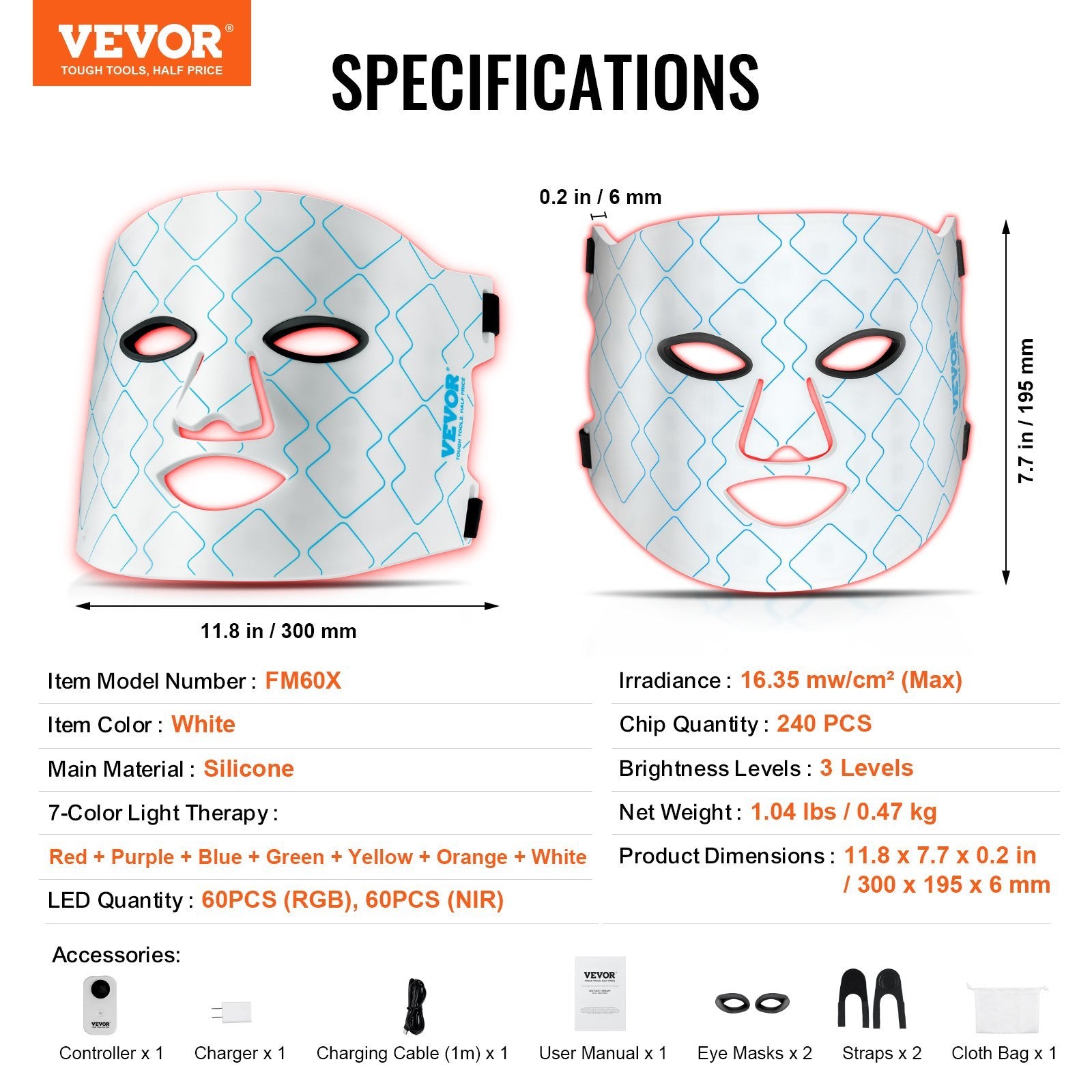 VEVOR Red Light Therapy Mask – 7-Color LED Face Mask with 850nm NIR
